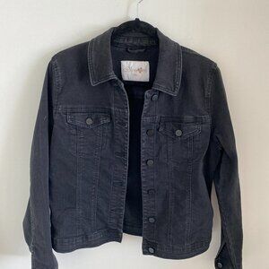 Distressed Vintage BLOSSOM Button Down Women Denim Jacket Black Classic Fit Sz L